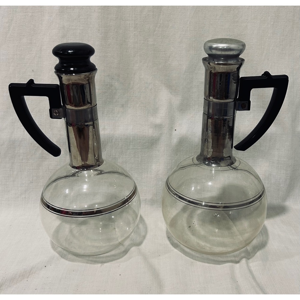 Vintage Art Deco Glass Decanter Set Chrome Bakelite Style Handle Mid Century